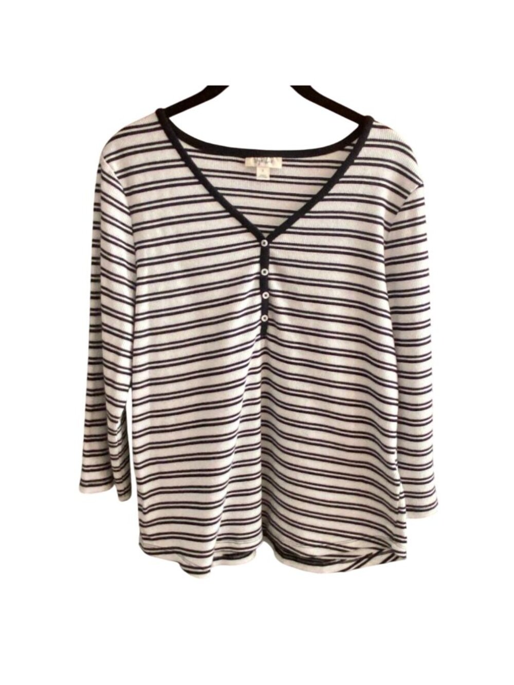 Style & Co Waffle Knit Thermal 3/4 Sleeve Blouse-White/Black-Size L-GUC